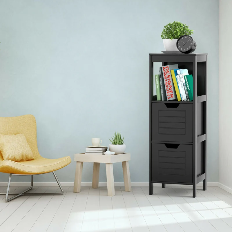 Wooden Bathroom Floor Cabinet, Storage Rack Organizer, Black