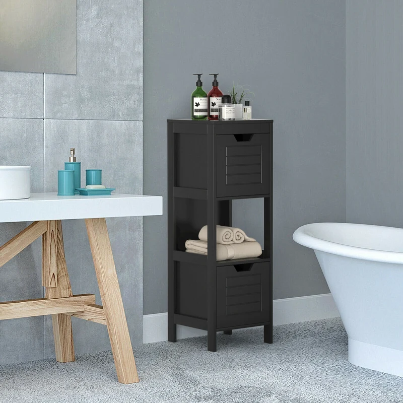 Wooden Bathroom Floor Cabinet, Storage Rack Organizer, Black