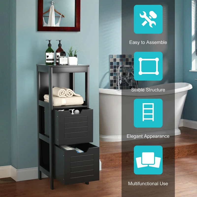 Wooden Bathroom Floor Cabinet, Storage Rack Organizer, Black