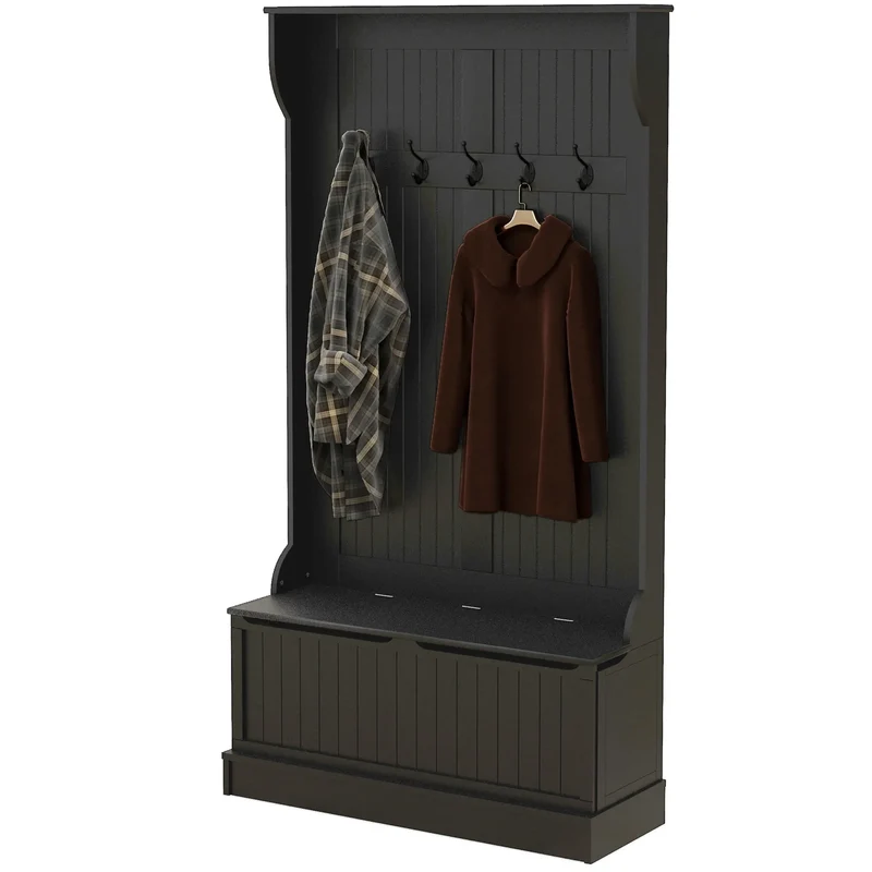 3-In-1 Hall Tree, Coat Rack, Shoe Storage, Bench Seat, Black