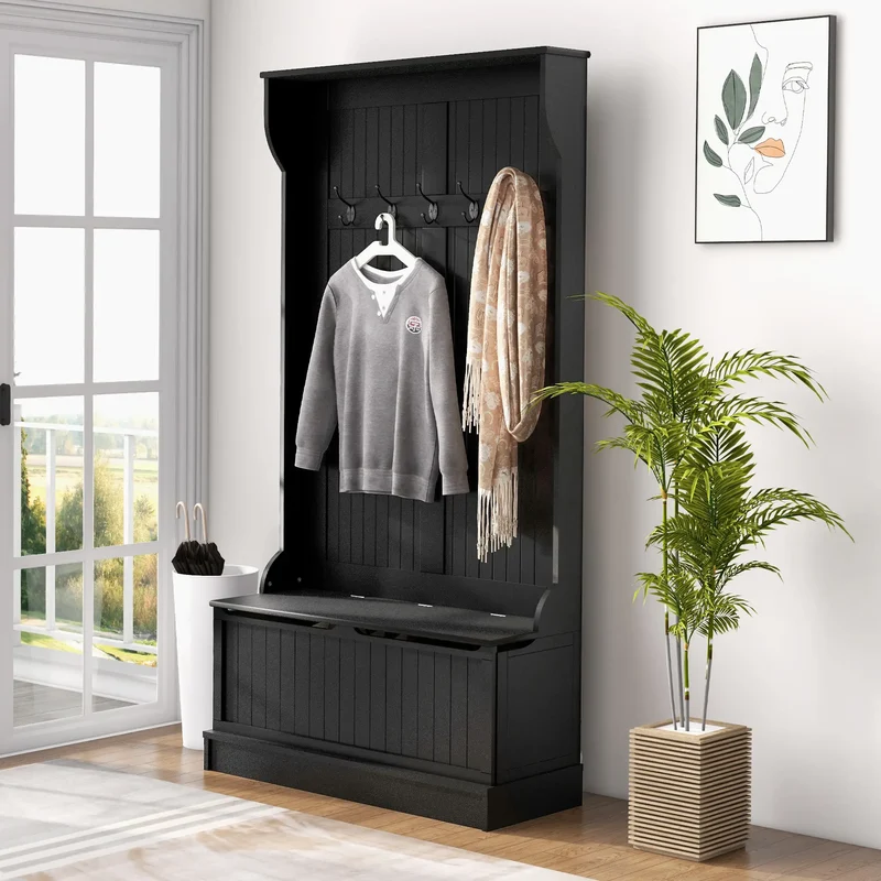 3-In-1 Hall Tree, Coat Rack, Shoe Storage, Bench Seat, Black