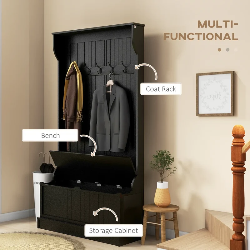 3-In-1 Hall Tree, Coat Rack, Shoe Storage, Bench Seat, Black