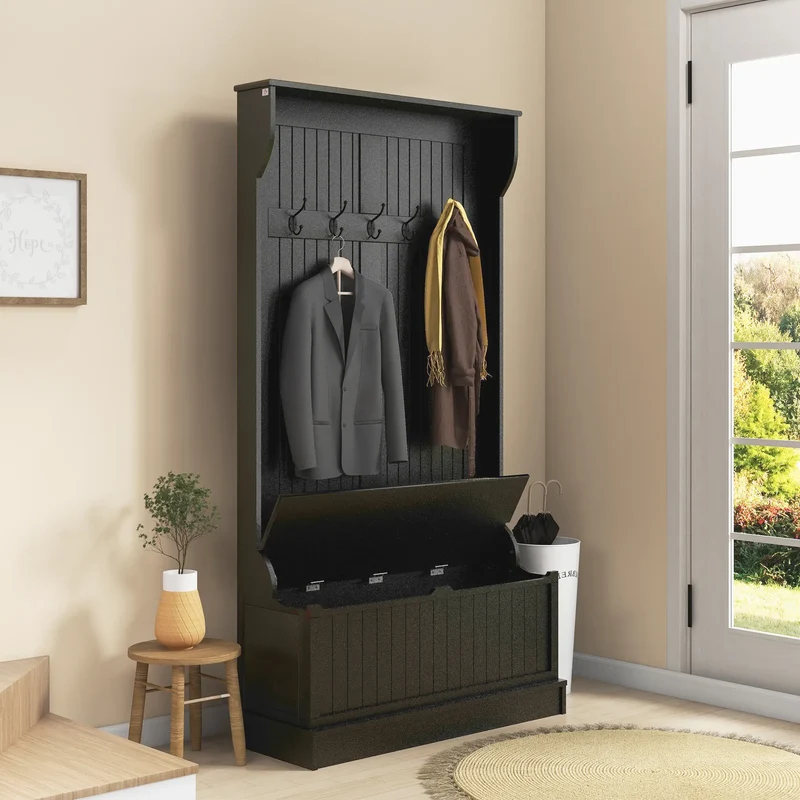 3-In-1 Hall Tree, Coat Rack, Shoe Storage, Bench Seat, Black