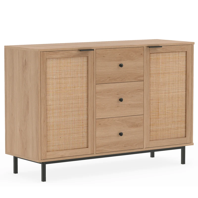 Sideboard Buffet Cabinet Rustic Farmhouse Coffee Bar Table with 2 Rattan Doors and 3 Drawers, Natural