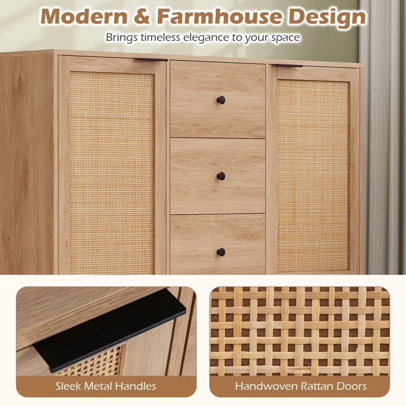Sideboard Buffet Cabinet Rustic Farmhouse Coffee Bar Table with 2 Rattan Doors and 3 Drawers, Natural