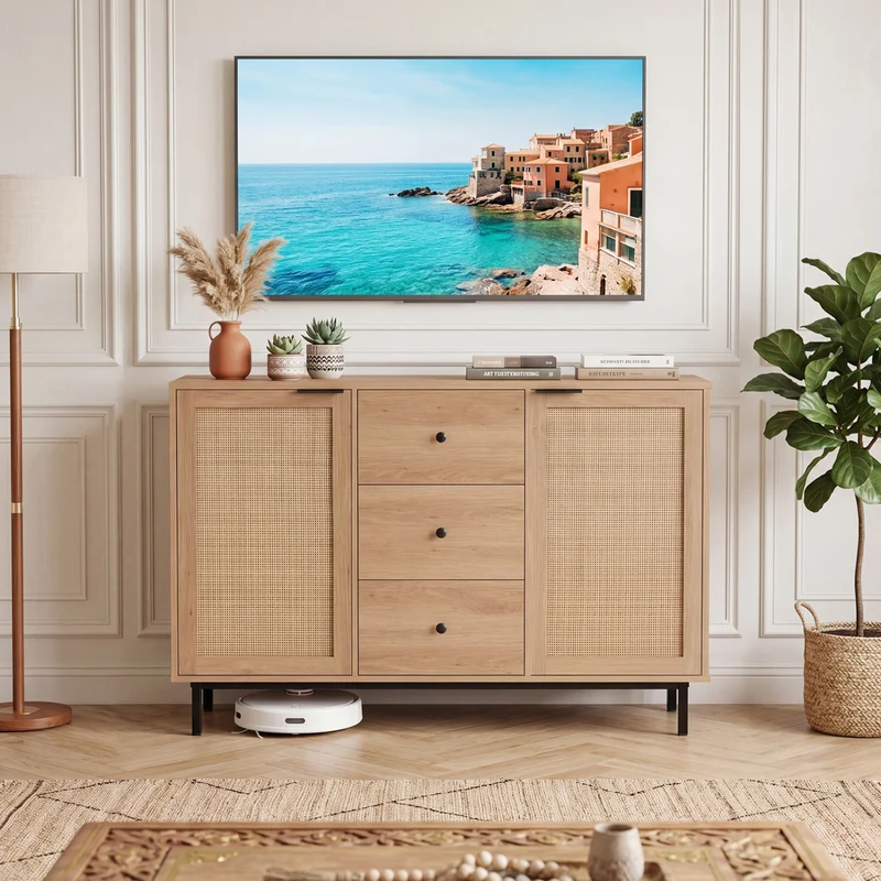 Sideboard Buffet Cabinet Rustic Farmhouse Coffee Bar Table with 2 Rattan Doors and 3 Drawers, Natural