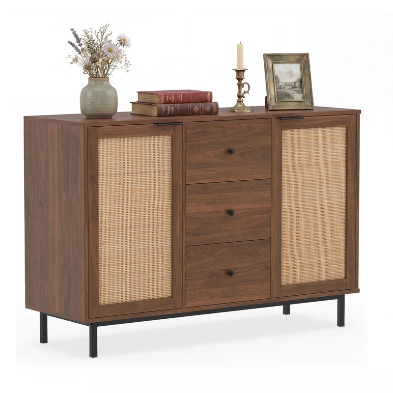 Rustic Farmhouse Sideboard Buffet Cabinet with Rattan Doors, Brown