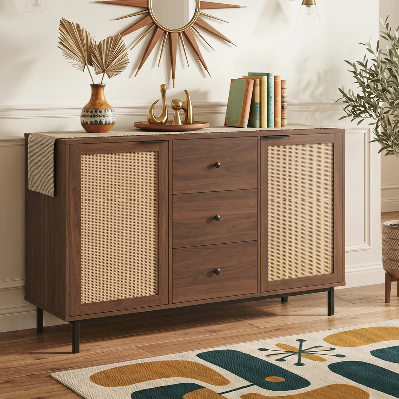 Rustic Farmhouse Sideboard Buffet Cabinet with Rattan Doors, Brown