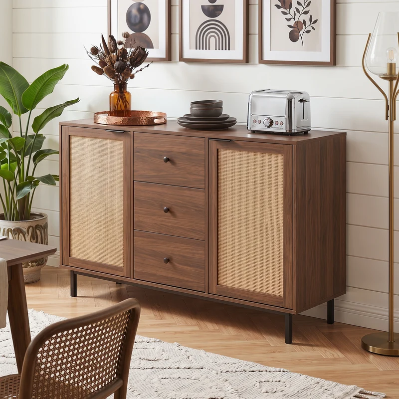 Rustic Farmhouse Sideboard Buffet Cabinet with Rattan Doors, Brown