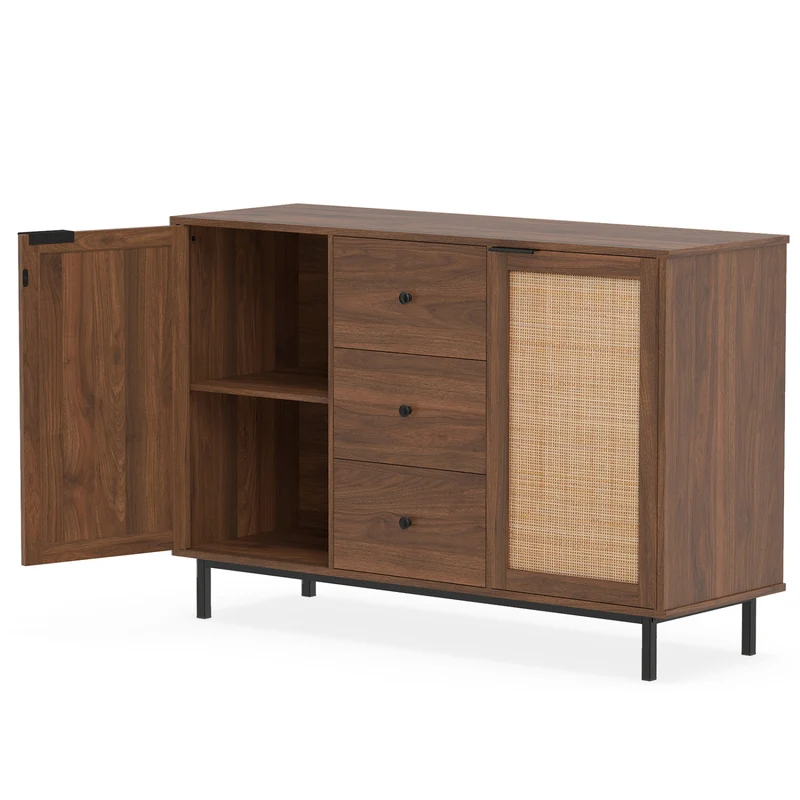 Rustic Farmhouse Sideboard Buffet Cabinet with Rattan Doors, Brown