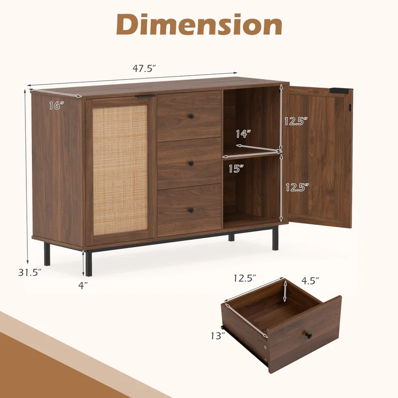 Rustic Farmhouse Sideboard Buffet Cabinet with Rattan Doors, Brown