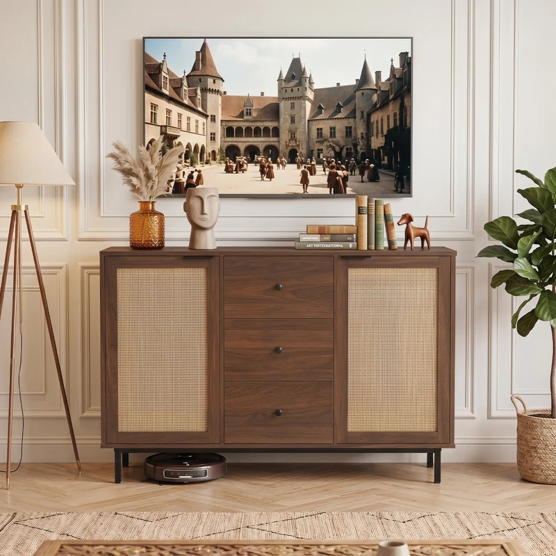 Rustic Farmhouse Sideboard Buffet Cabinet with Rattan Doors, Brown