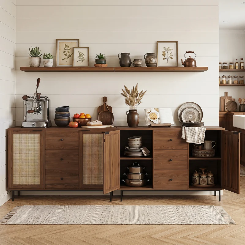 Rustic Farmhouse Sideboard Buffet Cabinet with Rattan Doors, Brown