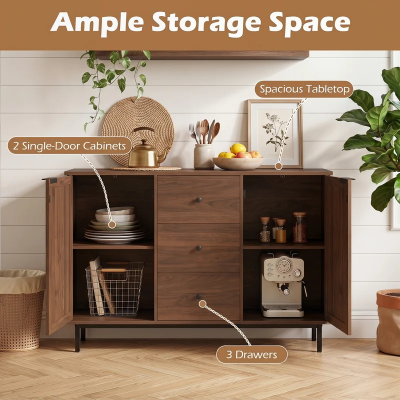 Rustic Farmhouse Sideboard Buffet Cabinet with Rattan Doors, Brown