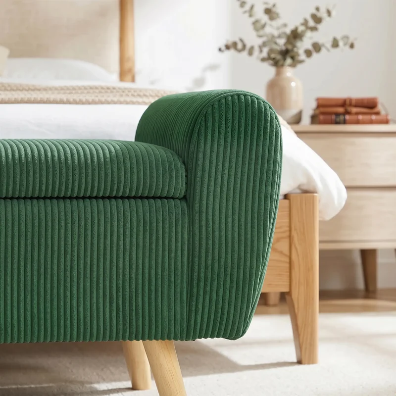 Storage Ottoman, 59" Corduroy Bed Bench, Dark Green