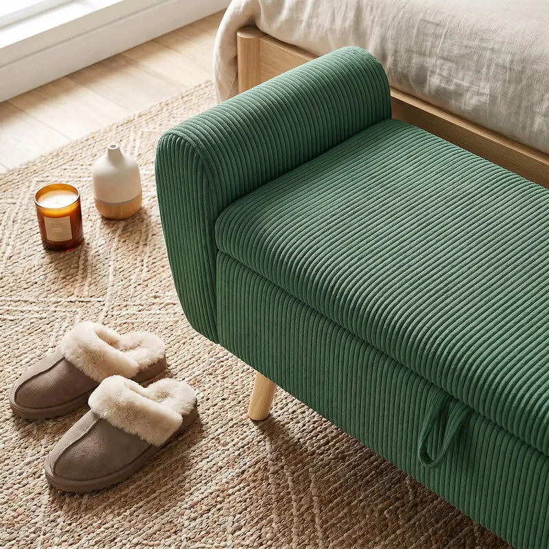 Storage Ottoman, 59" Corduroy Bed Bench, Dark Green