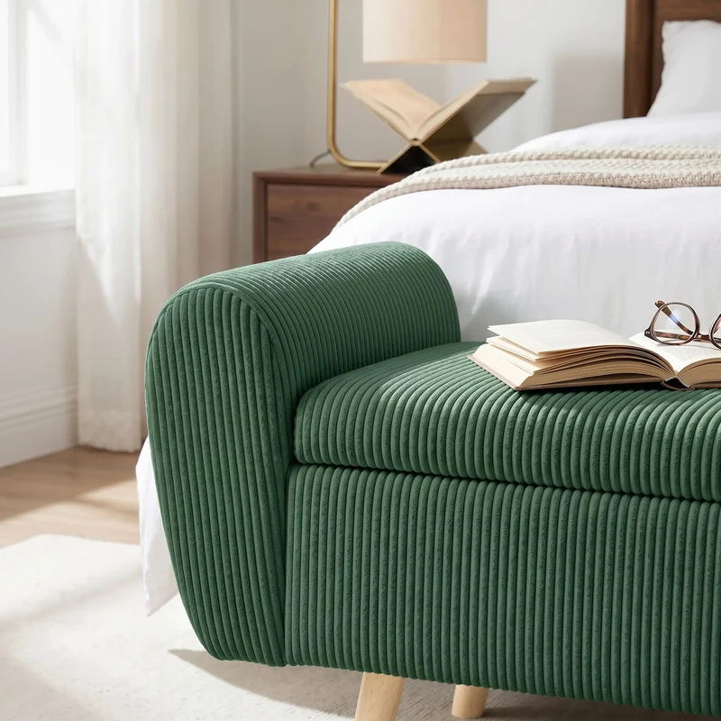 Storage Ottoman, 59" Corduroy Bed Bench, Dark Green