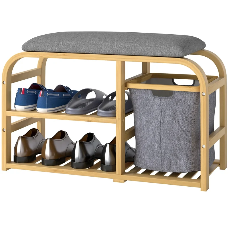 Bamboo Entryway Bench, Shoe Storage with Cushion, Slat Shelves, Pull-Out Basket