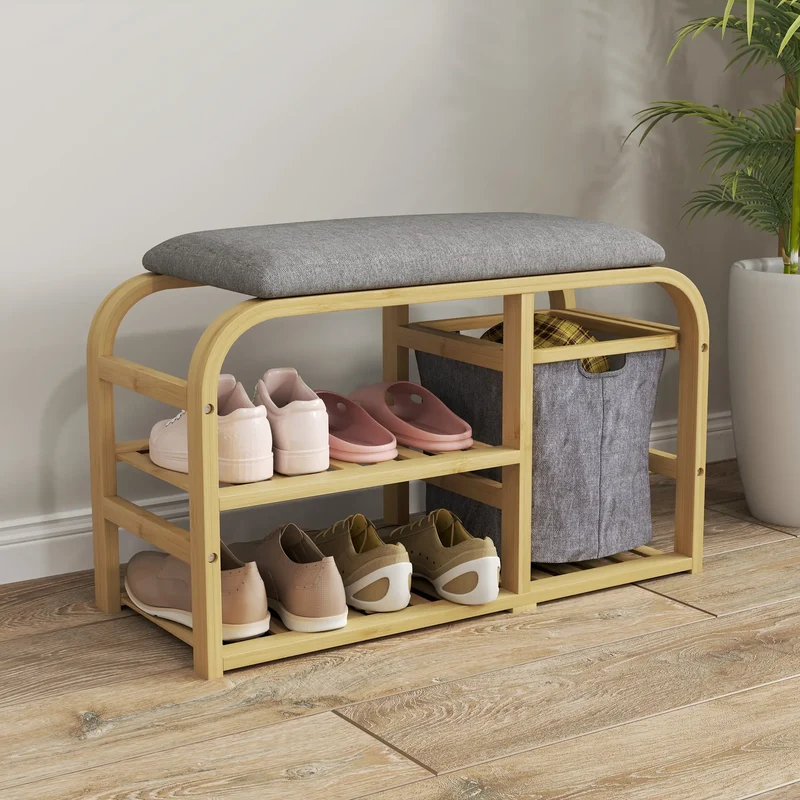 Bamboo Entryway Bench, Shoe Storage with Cushion, Slat Shelves, Pull-Out Basket