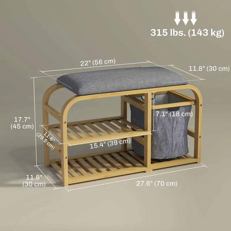 Bamboo Entryway Bench, Shoe Storage with Cushion, Slat Shelves, Pull-Out Basket