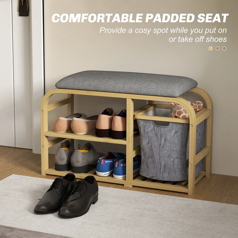 Bamboo Entryway Bench, Shoe Storage with Cushion, Slat Shelves, Pull-Out Basket