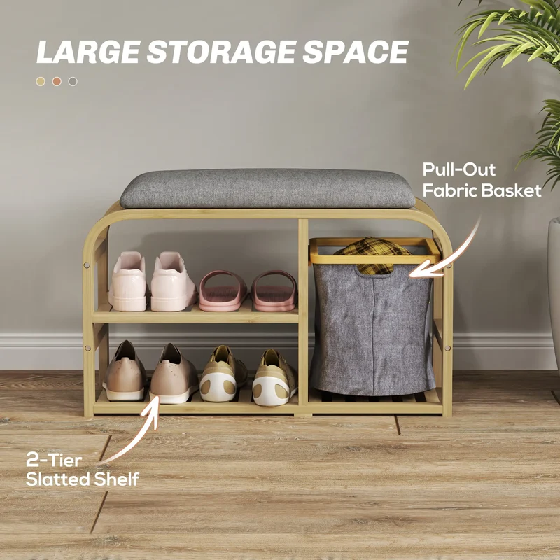 Bamboo Entryway Bench, Shoe Storage with Cushion, Slat Shelves, Pull-Out Basket