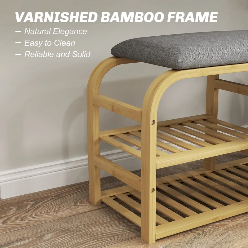 Bamboo Entryway Bench, Shoe Storage with Cushion, Slat Shelves, Pull-Out Basket