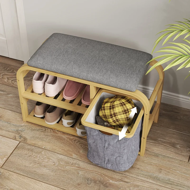 Bamboo Entryway Bench, Shoe Storage with Cushion, Slat Shelves, Pull-Out Basket