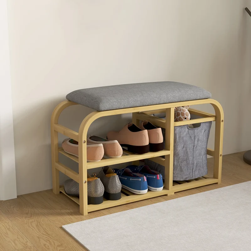 Bamboo Entryway Bench, Shoe Storage with Cushion, Slat Shelves, Pull-Out Basket