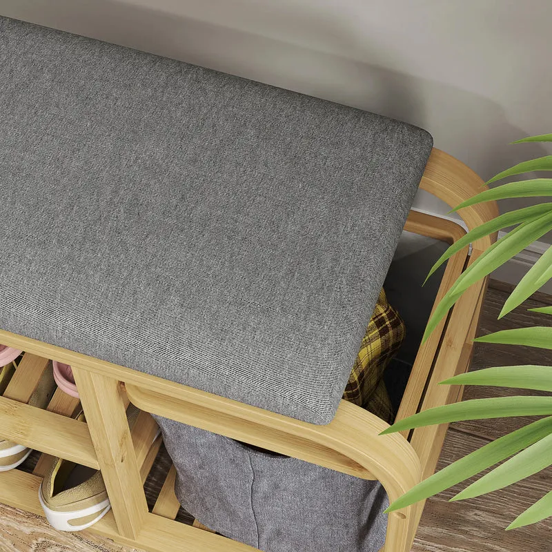 Bamboo Entryway Bench, Shoe Storage with Cushion, Slat Shelves, Pull-Out Basket