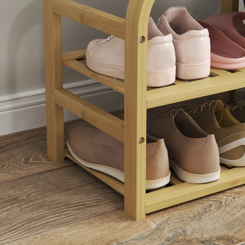 Bamboo Entryway Bench, Shoe Storage with Cushion, Slat Shelves, Pull-Out Basket