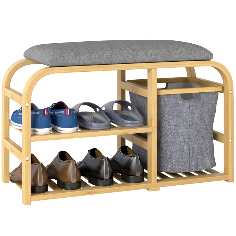 Bamboo Entryway Bench, Shoe Storage with Cushion, Slat Shelves, Pull-Out Basket