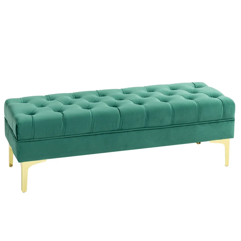 Upholstered End of Bed Bench, Button Tufted, Dark Green