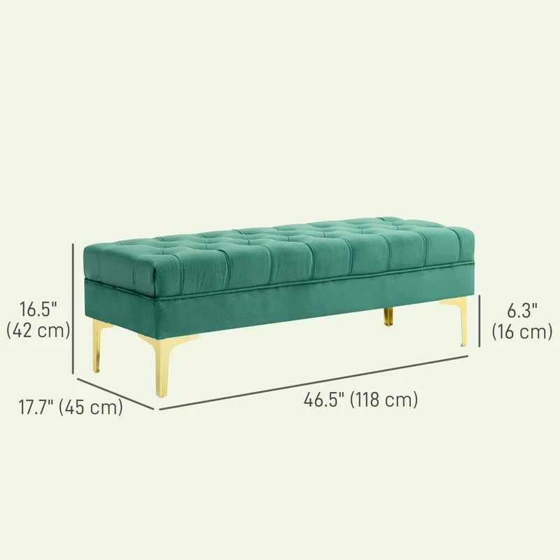 Upholstered End of Bed Bench, Button Tufted, Dark Green