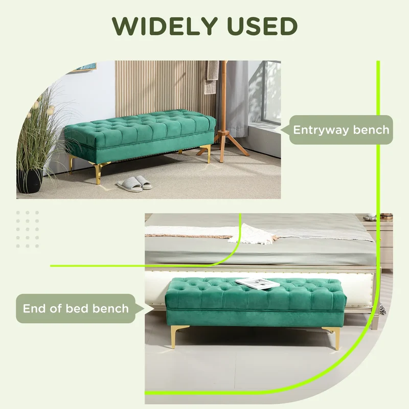 Upholstered End of Bed Bench, Button Tufted, Dark Green