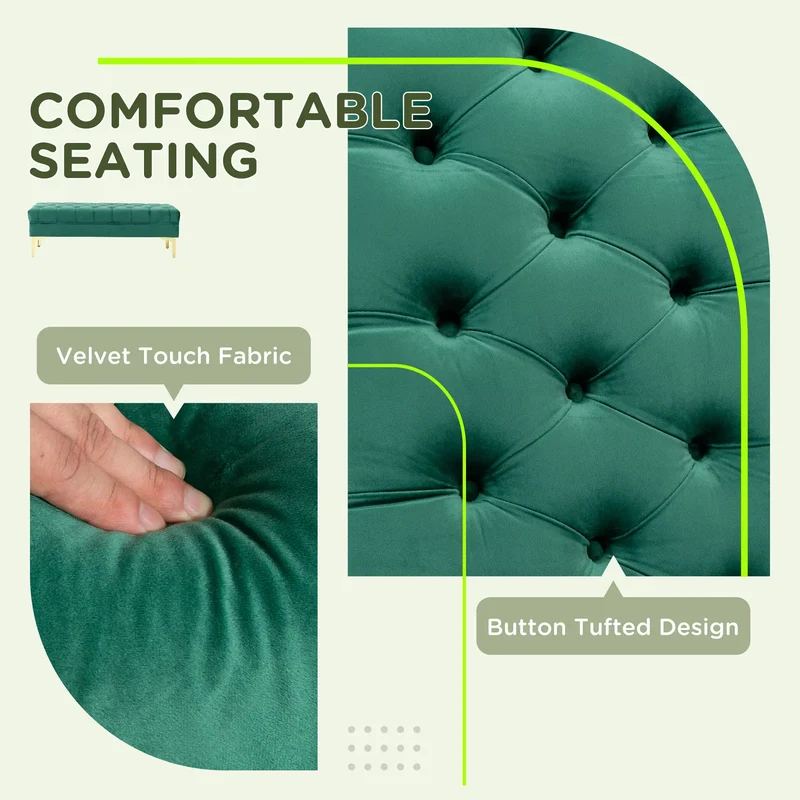 Upholstered End of Bed Bench, Button Tufted, Dark Green