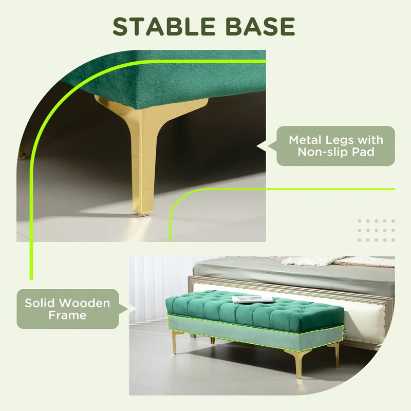 Upholstered End of Bed Bench, Button Tufted, Dark Green