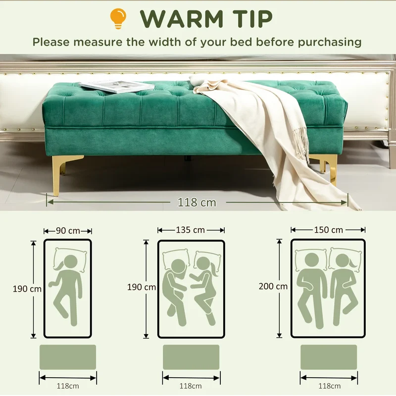 Upholstered End of Bed Bench, Button Tufted, Dark Green
