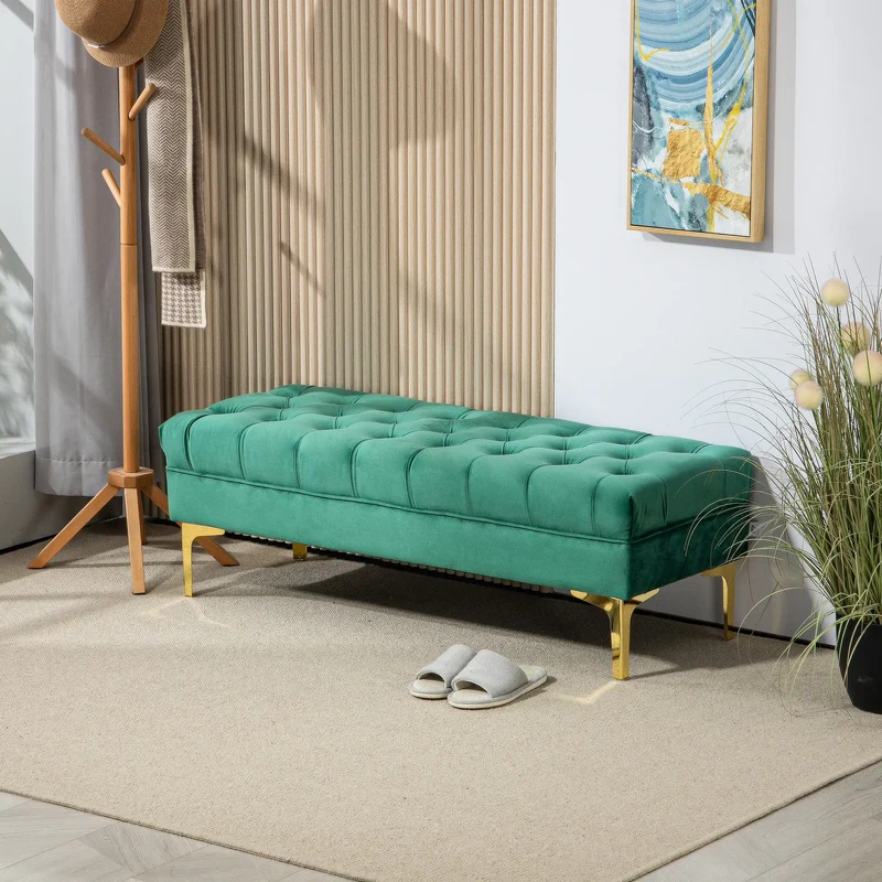 Upholstered End of Bed Bench, Button Tufted, Dark Green