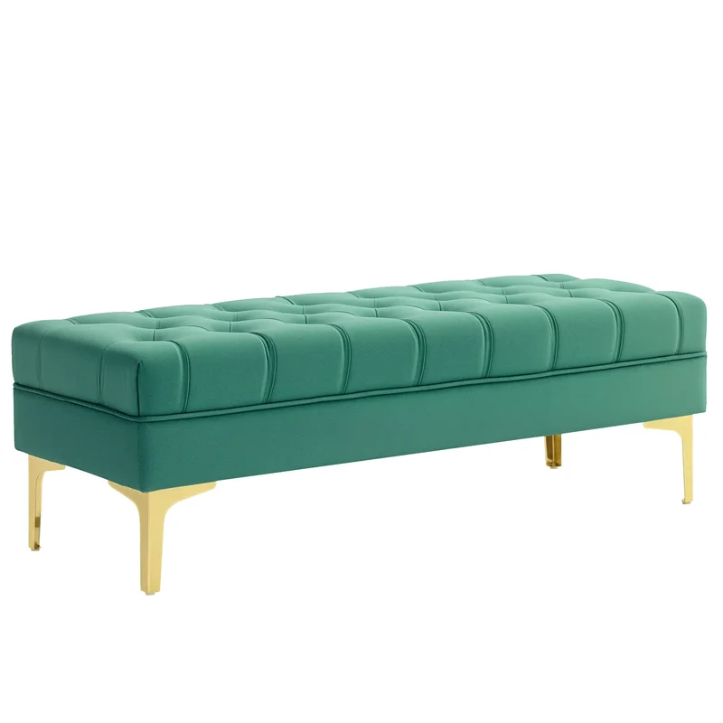 Upholstered End of Bed Bench, Button Tufted, Dark Green