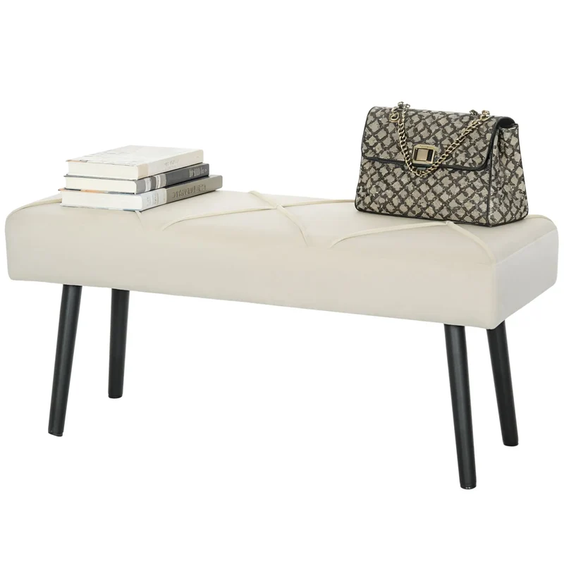 39 Inches Upholstered Bedroom Bench, Modern, Cream White