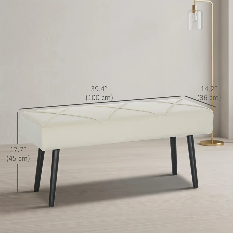 39 Inches Upholstered Bedroom Bench, Modern, Cream White