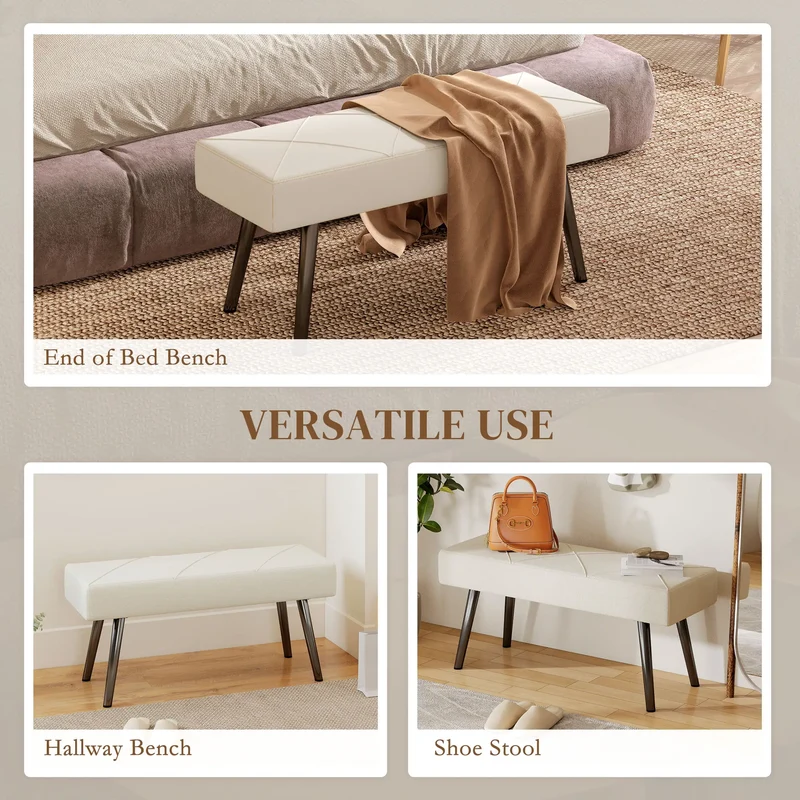39 Inches Upholstered Bedroom Bench, Modern, Cream White
