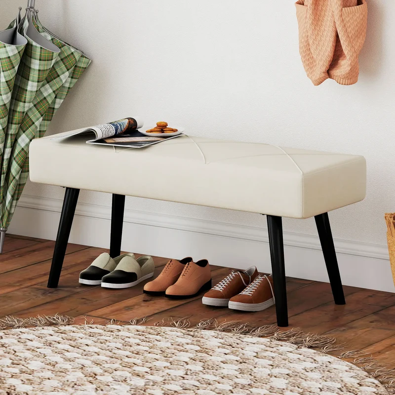 39 Inches Upholstered Bedroom Bench, Modern, Cream White