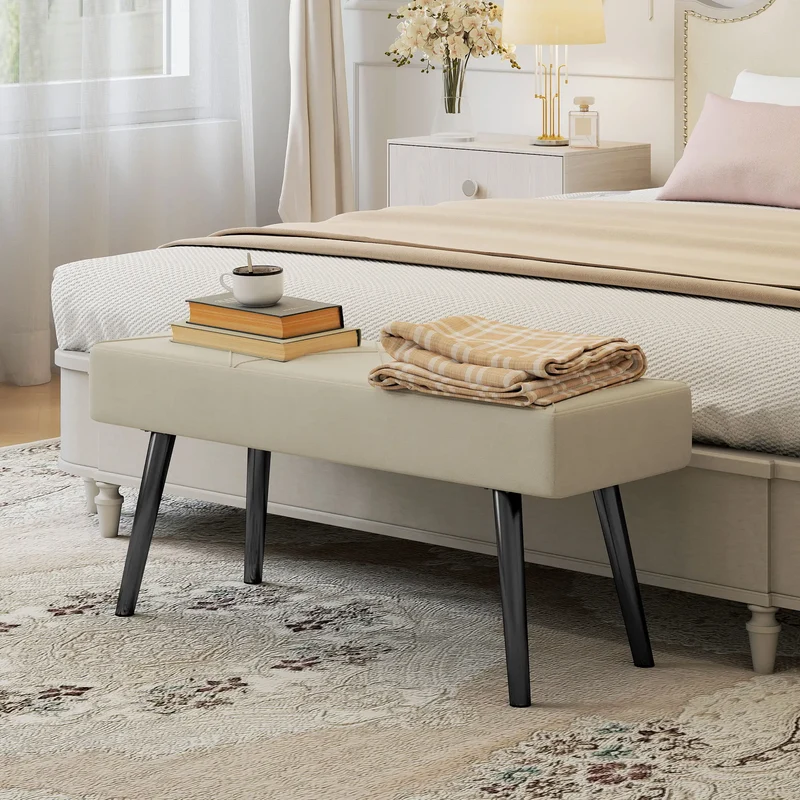 39 Inches Upholstered Bedroom Bench, Modern, Cream White