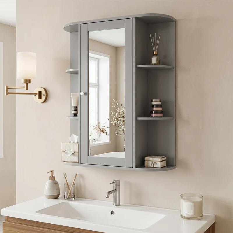 Single Door Wall Mount Cabinet With Mirror, Gray