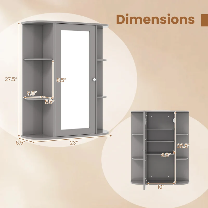 Single Door Wall Mount Cabinet With Mirror, Gray