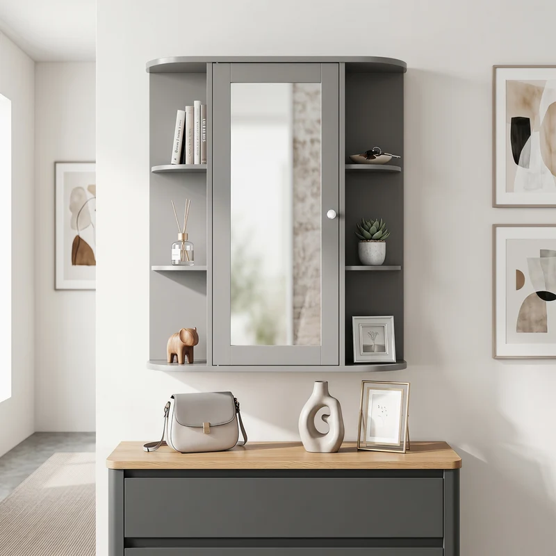 Single Door Wall Mount Cabinet With Mirror, Gray