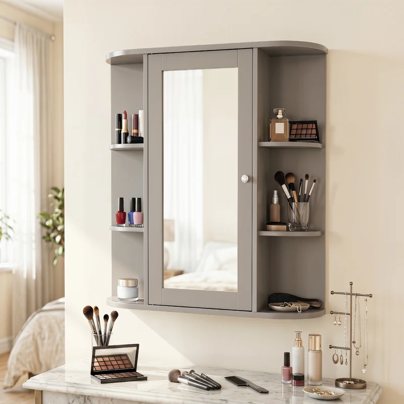 Single Door Wall Mount Cabinet With Mirror, Gray