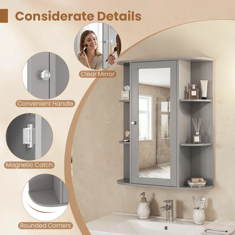 Single Door Wall Mount Cabinet With Mirror, Gray